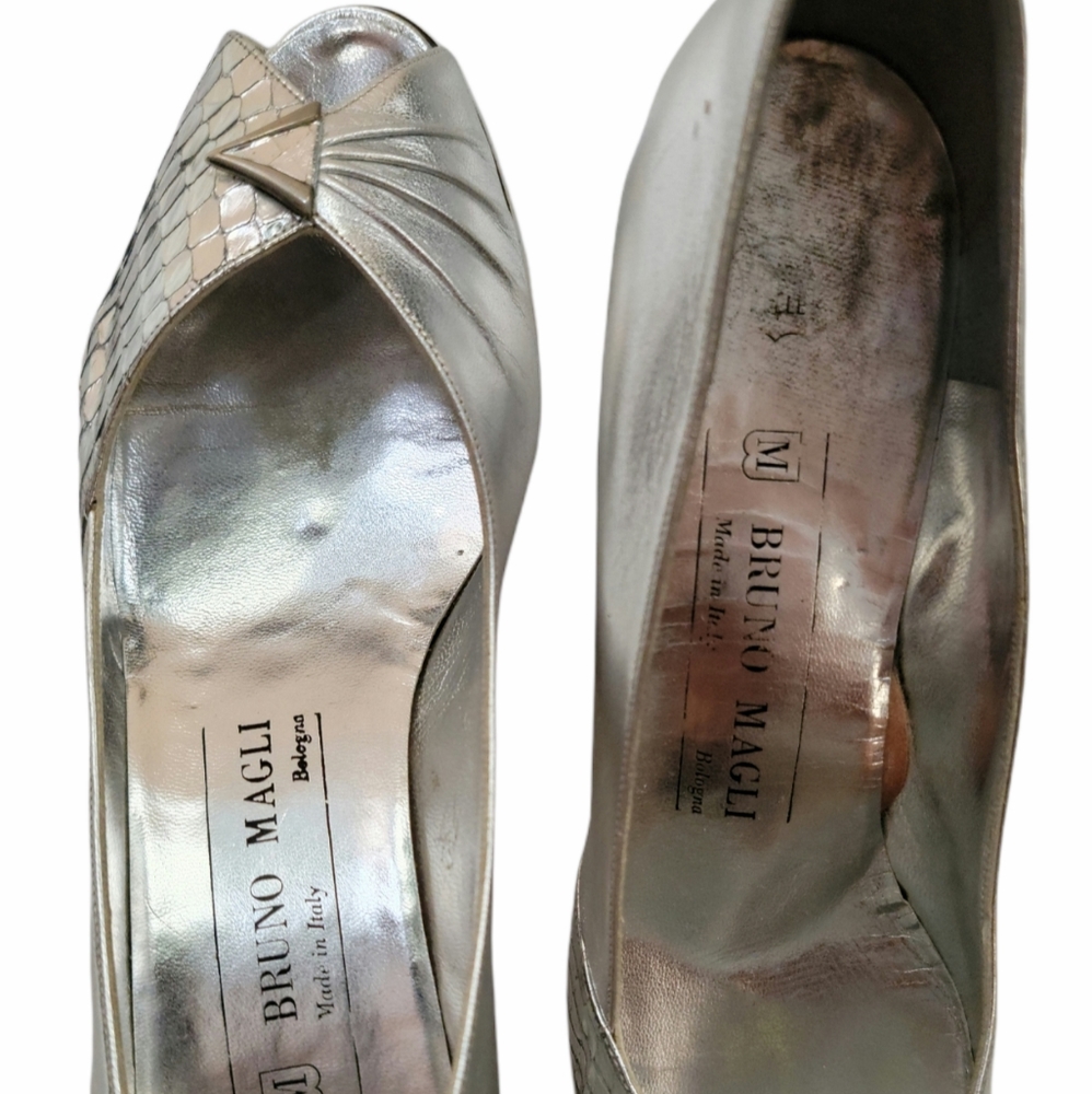 Bruno Magli Silver Open-Toe Ballet Shoes Heel 7 AA